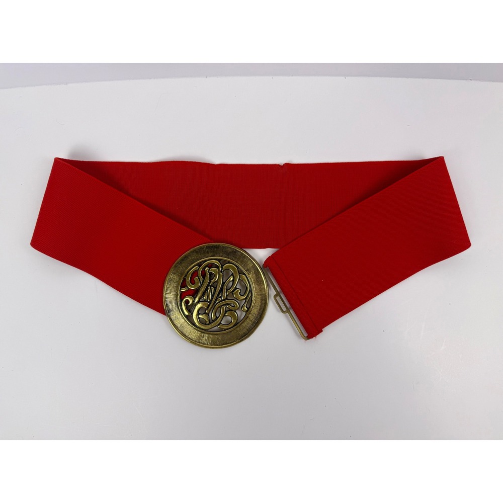 Vintage 80's Red Wide Elastic Cinch Belt Filigree Ornate Brass Buckle Retro